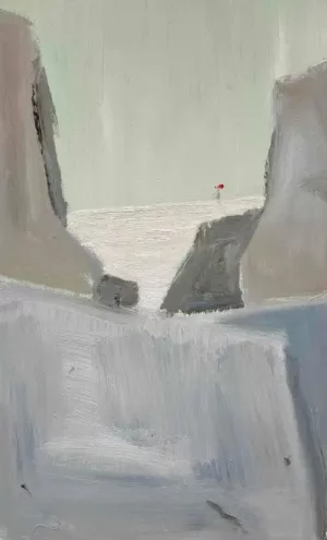 ‘When the architect insisted the Ostend horizon was always horizontal, the captain showed him another point of view.’ / oil on wood, 21x30cm, 2025