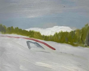 ‘He’s no longer with us, but the mountains don’t care. They’ll outlive all of us.’ / oil on wood, 30x25cm, 2025