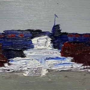 Étude du socle de la statue. I don’t know why I titled this work in French first. Estudio de la base de la estatua, would have been more appropriate. / oil on wood, 29x21cm, 2025